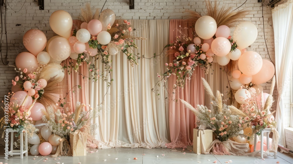 Poster a large room with a pink and white theme. the room is decorated with balloons and flowers. the ballo