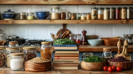 A kitchen counter with a variety of spices and books. The books are stacked on top of each other, and the spices are in jars. Concept of organization and a love for cooking and reading