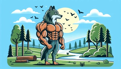 The muscular wolf exudes an imposing presence in the forest. - obrazy, fototapety, plakaty