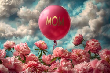 MOM pink balloons with many flowers  in the sky