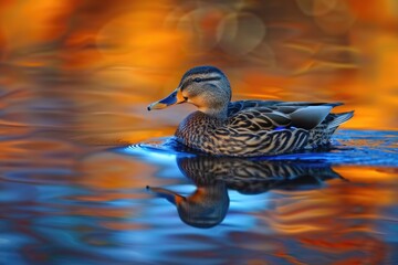 Fototapeta premium Male Gadwall Duck Standing in Blue Water with Ruffled Feathers and Golden Tones in Background -