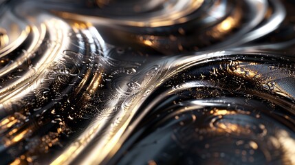 Artistic close-up in high resolution, featuring metallic swirls with a focus on the stunning effects of light on textured materials