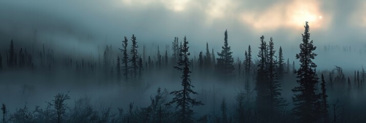Majestic Hunting Scene in Interior: Sunrise Sky, Fog and Trees Creating a Mesmerizing