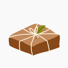 Kraft, paper square package tied with twine, with bow and sprig of greenery, cute handmade gift, mailing, correspondence, vector illustration.