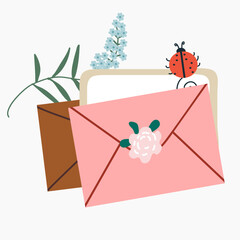 Envelope with paper letter and greeting card. Correspondence, spring postcard with flowers. Flat vector illustration of mail isolated on white background