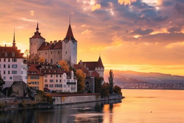 Fototapeta premium Castle and Skyline at Sunset - A Dreamy Evening View of Jura Mountains