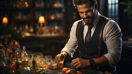 Professional Bartender Serving Drinks in a Dimly Lit Bar Setting