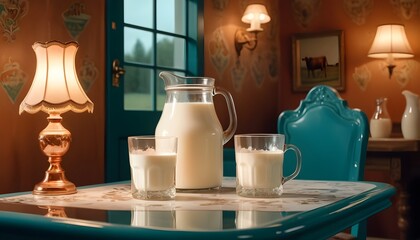 world milk day with a glass of milk and jug of milk is holding on a table behind it a pleasant view of nature  
