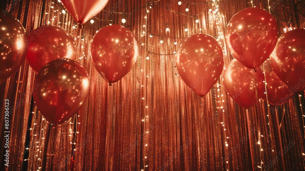 Poster a red room with red balloons hanging from the ceiling. the balloons are lit up and create a festive 