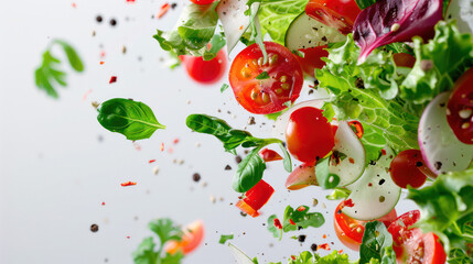 A salad with lettuce, tomatoes, and other vegetables falling gracefully through the air on a white background