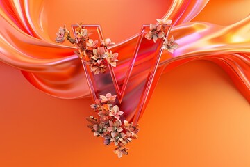 3D Render Letter V with Engraved Flowers on Orange Background