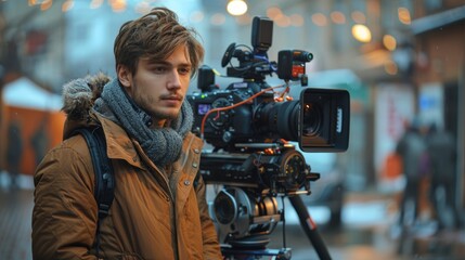 Young Male Director of Photography Operating Professional Camera Outdoors