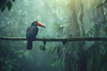 A toucan tropical bird sitting on a tree branch in rainforest