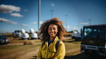 Fototapeta premium Smiling Female Engineer in Yellow Hardhat Leaning on Van at Industrial Site