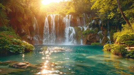 Serene Waterfall in Sunlit Forest: A Peaceful Nature Oasis with Sparkling Water