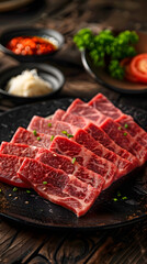 close up of fatty raw wagyu/kobe steak meat with herb garnish on a black stone plate