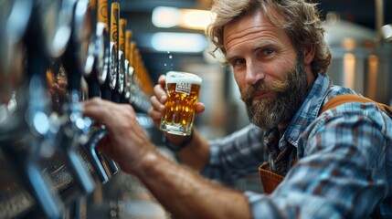 Smiling Bearded Brewer Serving Craft Beer at a Brewery with Stainless Steel Tanks