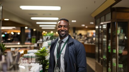 Portrait of a Smiling African Pharmacist in a Professional Pharmacy Environment