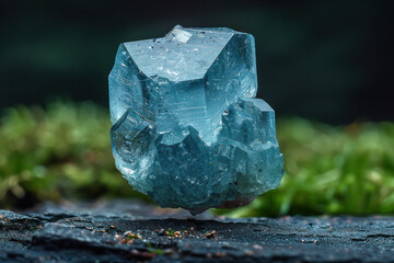 A small aquamarine rock rests on top of a lush green field under the bright sun