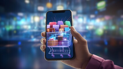 Businesswoman on blurred background using mobile phone with shopping cart interface 3D rendering