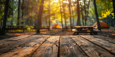 Rustic empty wooden table, to place product or brand. Camp background with blurred tents
