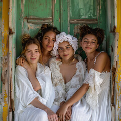 4 women aged 25, of different nationalities, wearing white silk pareos