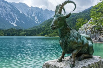 Mountain Goat Statue Closeup at Lake in Gora - obrazy, fototapety, plakaty
