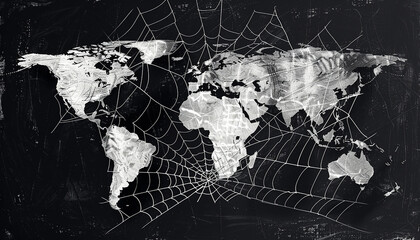 A map of the world design with spider web generated by AI. 