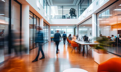 blurred business people walking in an office, motion blur modern colors, movement, people moving, team in action, time lapse 