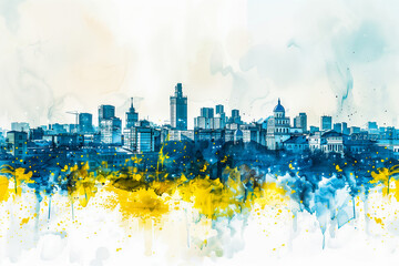 Fototapeta premium Kyiv skyline in watercolor. Splatter paintings, yellow and blue colours, white background. Traditionally, Kyiv celebrates the City Day on the last Sunday of May