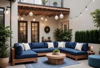  A modern outdoor patio with a large blue sectional sofa, a round wooden coffee table, and hanging light fixtures . The patio has a covered roof and is surrounde
