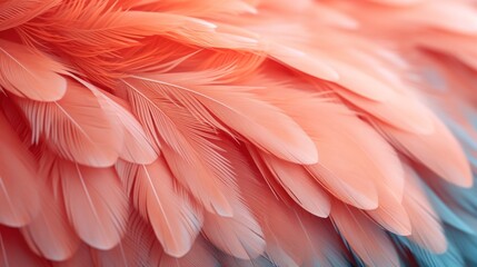 Closeup of coral pink and blue flamingo feathers, focusing on the soft texture and delicate shapes, creating an elegant background for design projects.