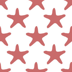 Underwater seamless pattern with starfish silhouette illustration in pink color. Sea star sketch, seashell drawing. Summer beach seaside print for background, textile, fabric, wrapping paper