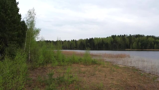 Bird's eye view of the lake in the forest. It's cloudy outside. Hiking trip