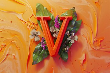 3D Render Letter V with Engraved Flowers on Orange Background