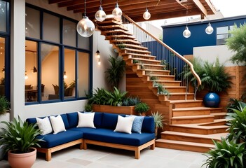 Fototapeta premium A modern outdoor patio with a large blue sectional sofa, a round wooden coffee table, and hanging light fixtures . The patio has a covered roof and is surrounde
