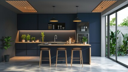 Modern kitchen design with dark blue wall.AI generated image.