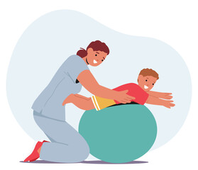 Physical Therapy With A Child Lying On An Exercise Ball As Therapist Guides Their Movements, Promoting Rehabilitation