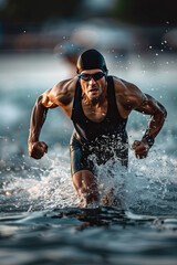 Fototapeta premium Triathlon swimming man running out of water during ironman race. Male triathlete finishing swim time competition. Fit athlete swimmer sprinting determined out of water in professional tri suit 