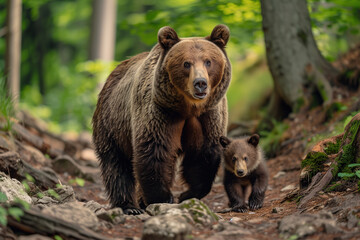 Fototapeta premium A brown bear and cubs walk in the forest. Scene of a mother bear and cubs. Surrounded by big trees.