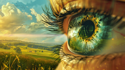 Eye with a reflection of nature, such as fields and sky, in its iris. The background is landscape with green meadows under blue skies, harmonious blend between human vision and natural beauty. 