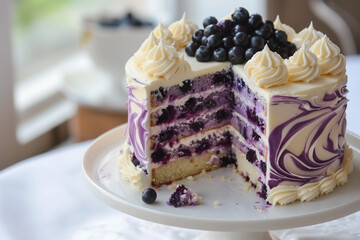 Blueberry Lavender cake with blueberries and lavender inside, with layers of white frosting and decorated with delicate swirls of cream cheese and fresh berries on the top, placed on white stand.