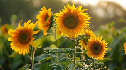 Obraz premium Sunflower field at sunset. Sunflower blooming in the garden. AI.