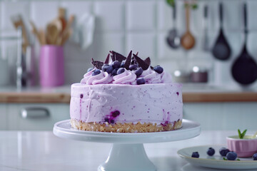Blueberry and lavender cheesecake with purple whipped cream, placed on white cake stand in elegant kitchen.