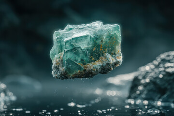 Fototapeta premium A small green rock rests on the surface of a body of water, creating a stark contrast between the vibrant color of the stone and the calm, reflective water