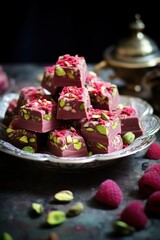 Milk chocolate candies with raspberry and pistachio pieces arranged on an ornate silver plate on a dark kitchen countertop. Green nuts with some fresh raspberries scattered around for decoration.