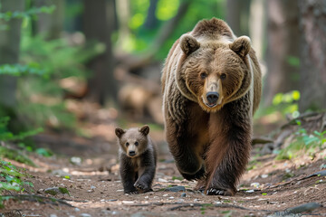 Obraz premium A brown bear and cubs walk in the forest. Scene of a mother bear and cubs. Surrounded by big trees.