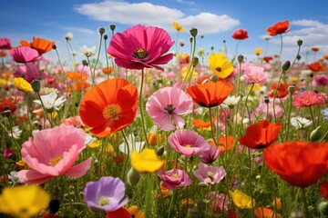 A vibrant field of colorful poppies and wildflowers under the bright blue sky, with white clouds in the background. The flowers are in various shades of pink, red, yellow, orange and purple.