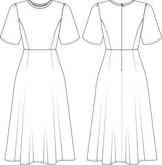 loose short sleeves round neck crew neck princess darted  zippered a-line flared maxi long midi dress template technical drawing flat sketch cad mockup fashion woman design style model
