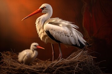 Stork and its baby in nest with white stomach and red beak on dark orange background.